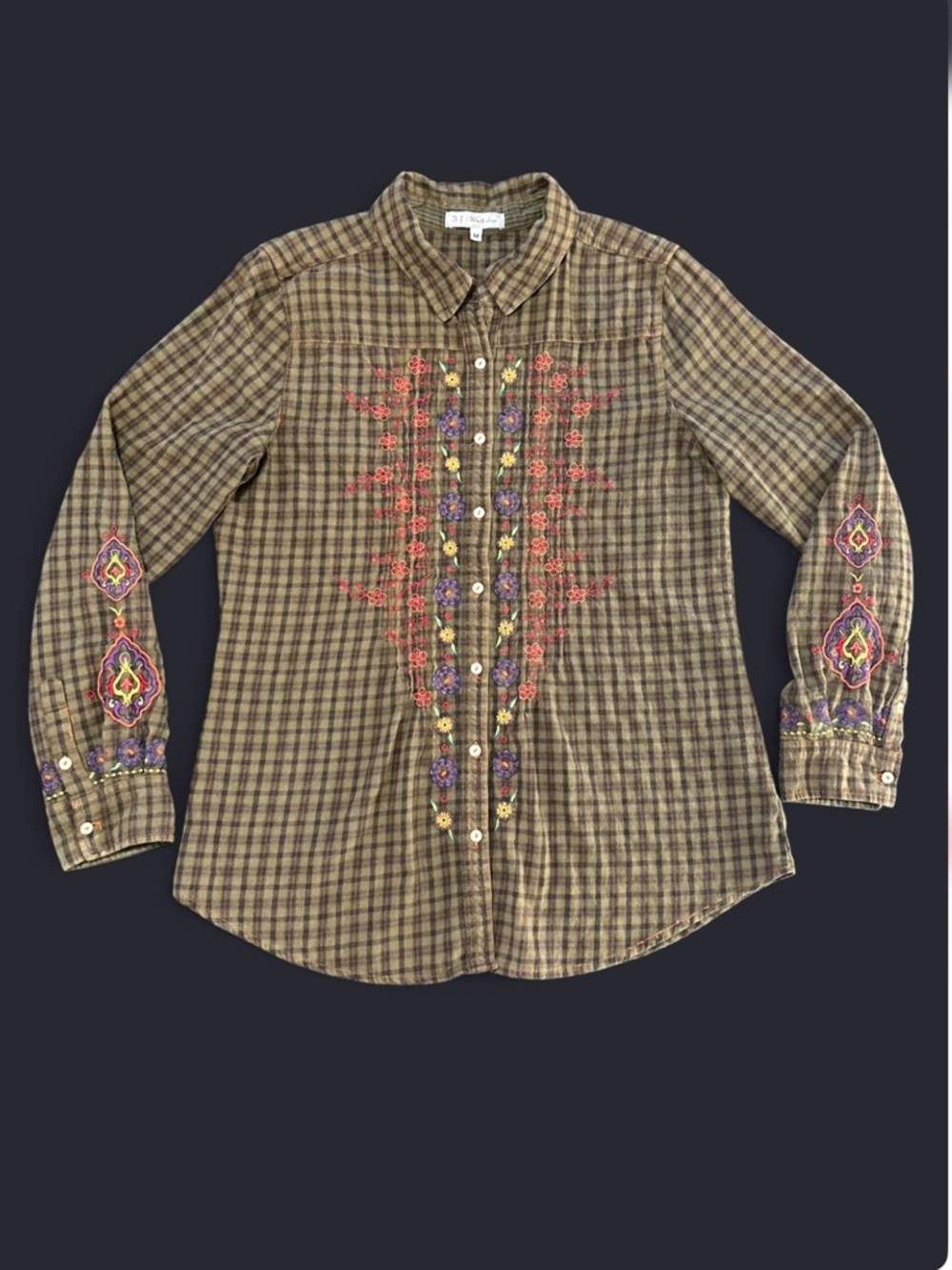 🌼 3J Workshop Embroidered Plaid Flannel Shirt M 🌸 Boho Western Vibes